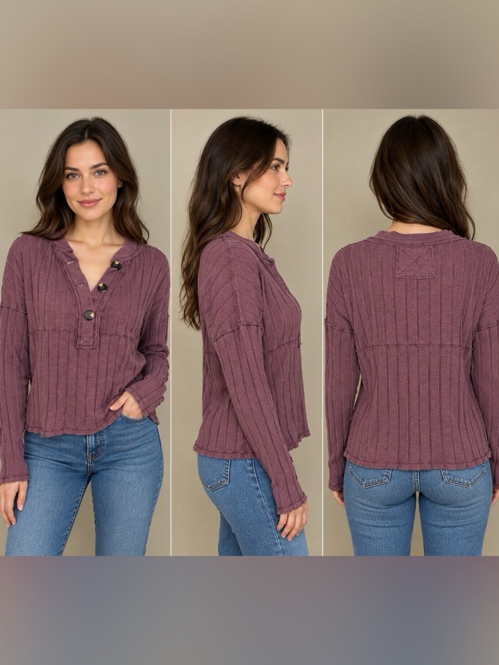 Free People We The Free mauve plum Ribbed Henley Long Sleeve Top Boho Small